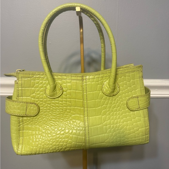 💚 Franco Sarto Lime Green Croc Embossed Leather Satchel Handbag - Picture 3 of 10